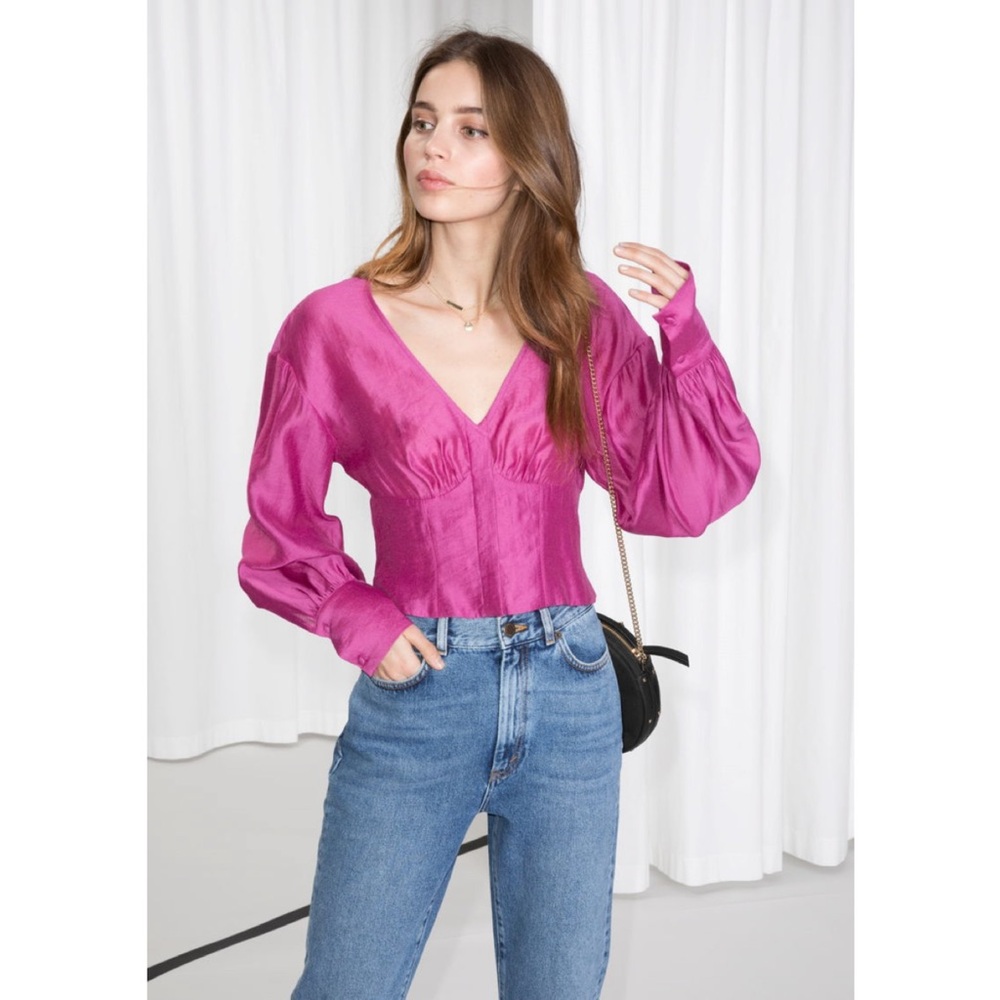 & Other Stories Fuchsia Satin V-Neck Puff Sleeve Top